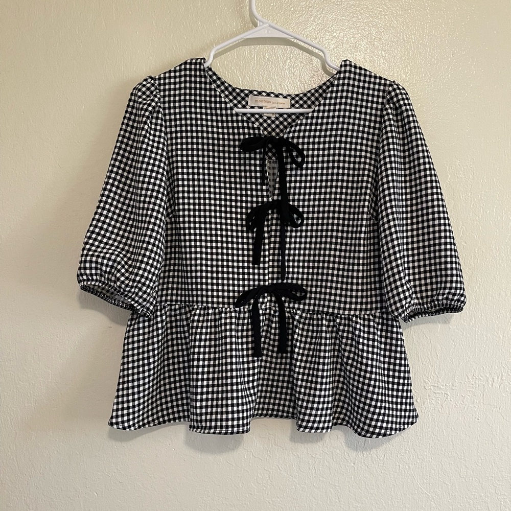 Monteau Black and White Checkered Top with Bow Details